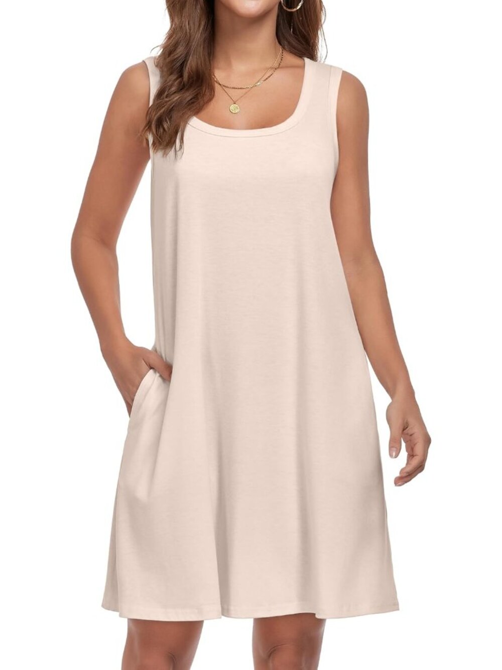 Women's White Crew Neck Beach Boho Dress Casual Sleeveless Pockets Mini Dress